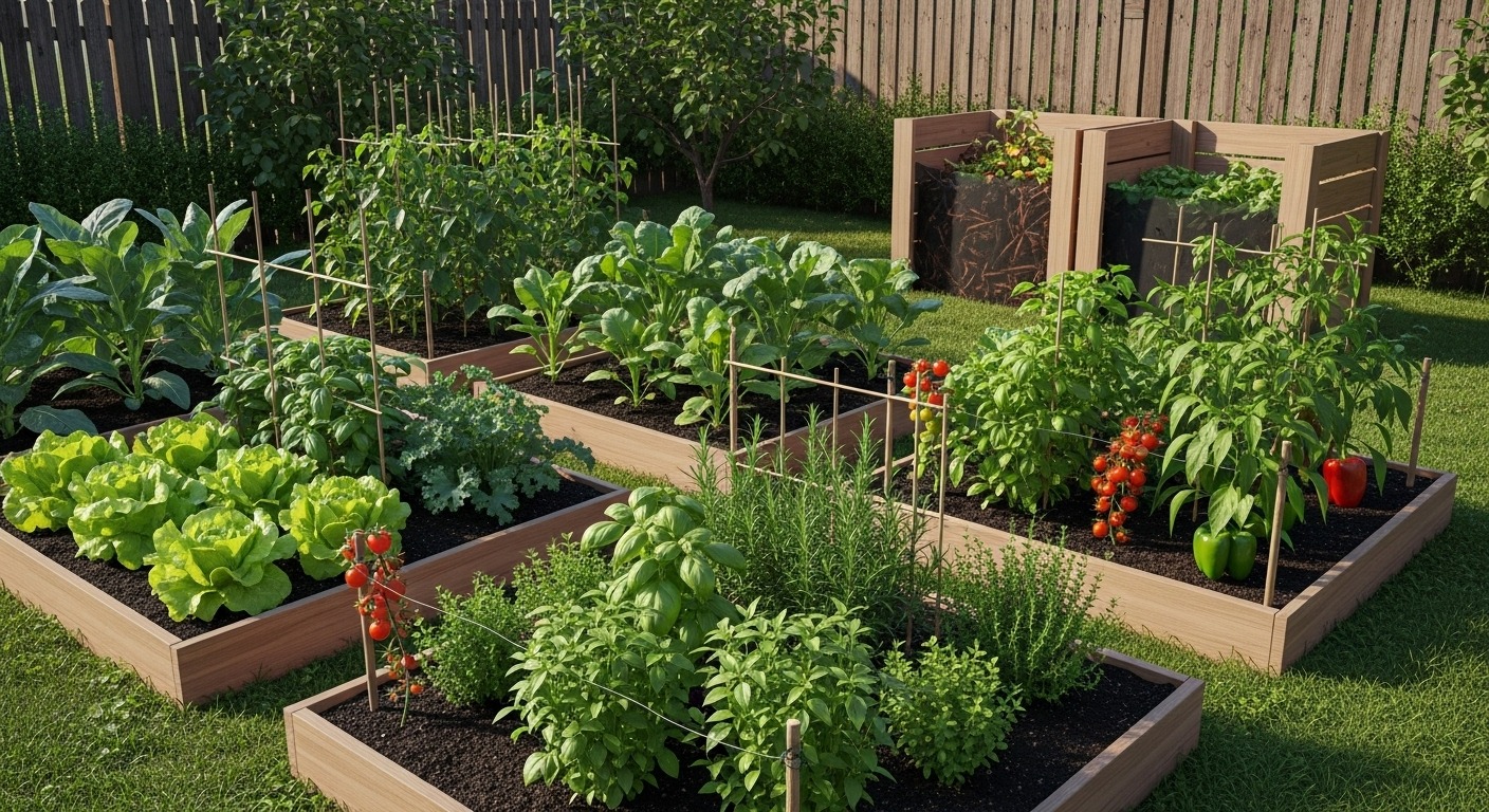 Fresh vegetables and herbs growing in backyard organic garden with wooden raised beds and composting area