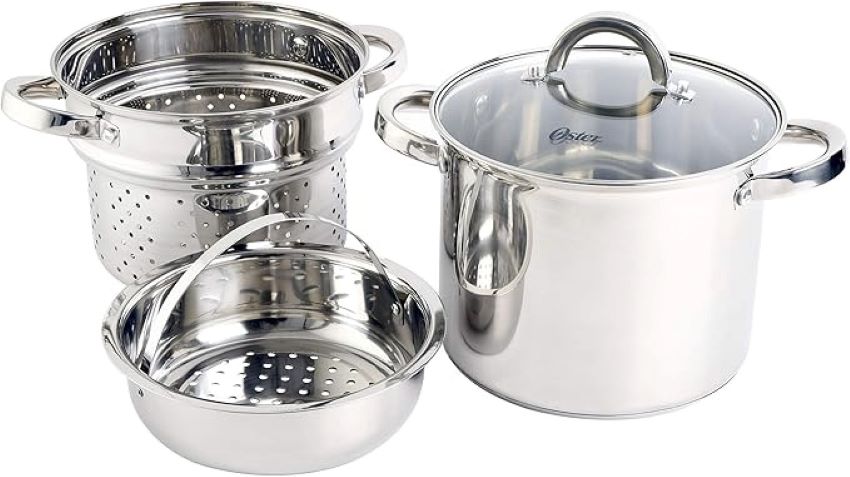 Close-up of Oster Sangerfield stainless steel pasta pot and lid