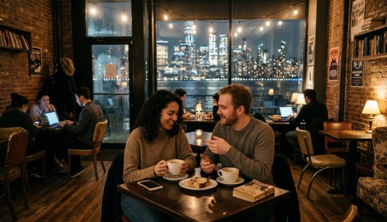Night owls enjoying coffee inside a cozy midnight cafe near Manhattan from Jersey City NJ