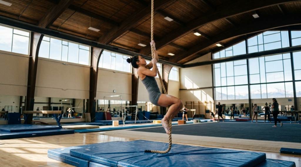 Woven texture and reinforced ends of a professional gymnastics rope.